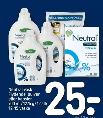 REMA 1000 Neutral vask Flydende, pulver eller kapsler 700 ml/1275 g/12 stk. 12-15 vaske tilbud