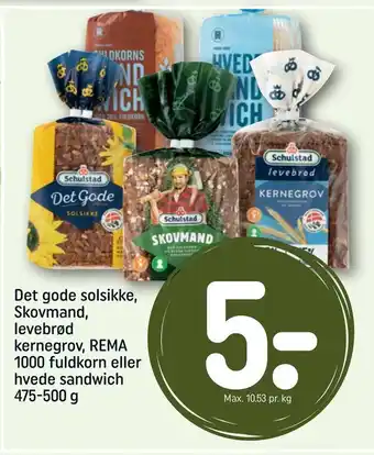 REMA 1000 Det gode solsikke, Skovmand, levebrød kernegrov, REMA 1000 fuldkorn eller hvede sandwich tilbud