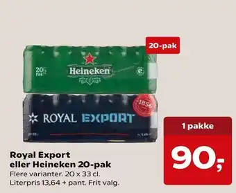 Kvickly Royal Export eller Heineken 20-pak tilbud