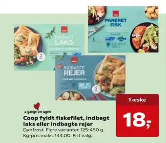SuperBrugsen Coop fyldt fiskefilet, indbagt laks eller indbagte rejer tilbud