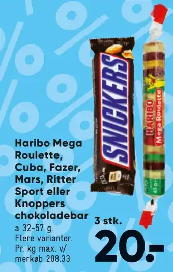 Bilka Haribo Mega Roulette, Cuba, Fazer, Mars, Ritter Sport eller Knoppers chokoladebar tilbud