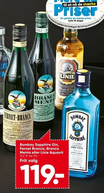 Bilka Bombay Sapphire Gin, Fernet Branca, Branca Menta eller Linie Aquavit tilbud