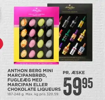 MENY Anthon berg mini marcipanbrød, fugleæg med marcipan eller chokolate liqueurs tilbud
