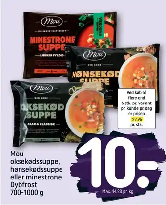 Mou oksekødssuppe, hønsekødssuppe eller minestrone Dybfrost
