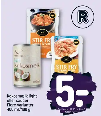 REMA 1000 Kokosmælk light eller saucer Flere 400 ml/100 varianter tilbud