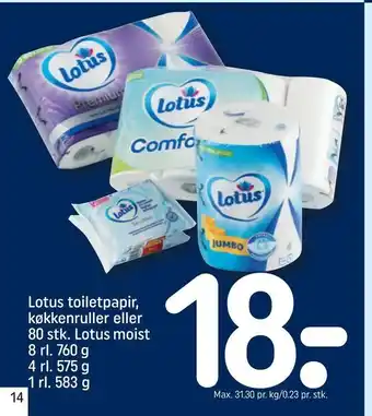 REMA 1000 Lotus toiletpapir, køkkenruller eller 80 stk. Lotus moist 8 rl. 760 g 4 rl. 575 g 1 rl. 583 g tilbud