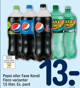 REMA 1000 Pepsi eller Faxe Kondi 1,5 liter. Ex. pant tilbud