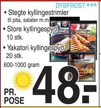 ABC Lavpris Stegte kyllingestrimler • Store kyllingespyd. • Yakatori kyllingespyd tilbud