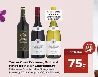 Kvickly Torres Gran Coronas, Moillard Pinot Noir eller Chardonnay tilbud