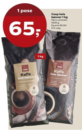 Kvickly Coop hele bønner 1 kg tilbud