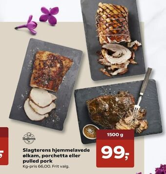 Kvickly Slagterens hjemmelavede ølkam, porchetta eller pulled pork tilbud
