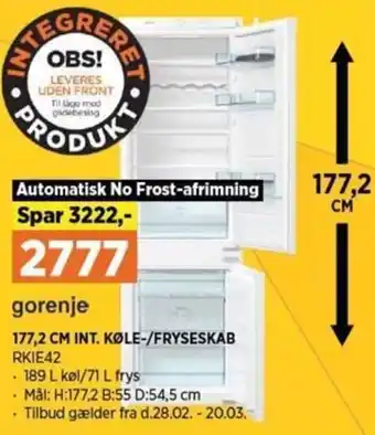 Power Gorenje 177,2 Cm Int. Køle-/Fryseskab RKIE42 tilbud