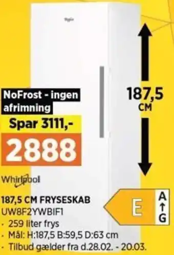 Power Whirlpool 187,5 Cm Fryseskab UW8F2YWBIF1 tilbud