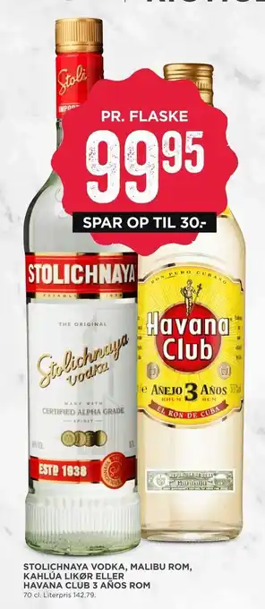 MENY Stolichnaya vodka, malibu rom, kahlúa likør eller havana club 3 años rom tilbud