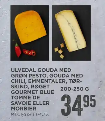 MENY Ulvedal gouda med grøn pesto, gouda med chili, emmentaler, tørskind, røget gourmet blue tomme de savoie eller morbier tilbud