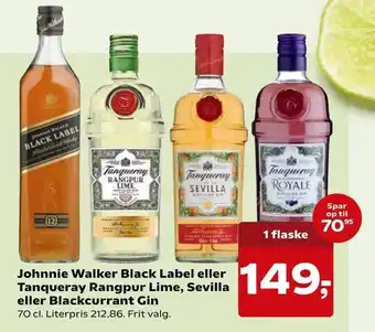SuperBrugsen Johnnie Walker Black Label eller Tanqueray Rangpur Lime, Sevilla eller Blackcurrant Gin tilbud