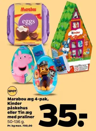 Netto Marabou æg 4-pak, Kinder påskehus eller Tin æg med praliner tilbud