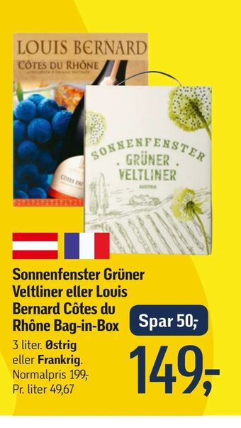 Sonnenfenster Grüner Veltliner eller Louis Bernard Côtes du Rhône Bag-in-Box