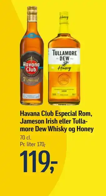 Havana Club Especial Rom, Jameson Irish eller Tulla more Dew Whisky og Honey