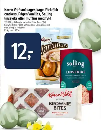 Føtex Karen Volf småkager, kage, Pick fish crackers, Pågen Vanillas, Salling linsekiks eller muffins med fyld tilbud