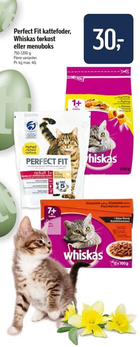 Føtex Perfect Fit kattefoder, Whiskas tørkost eller menuboks tilbud