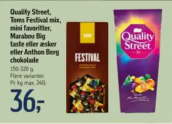 Føtex Quality Street, Toms Festival mix, mini favoritter, Marabou Big taste eller æsker eller Anthon Berg chokolade tilbud