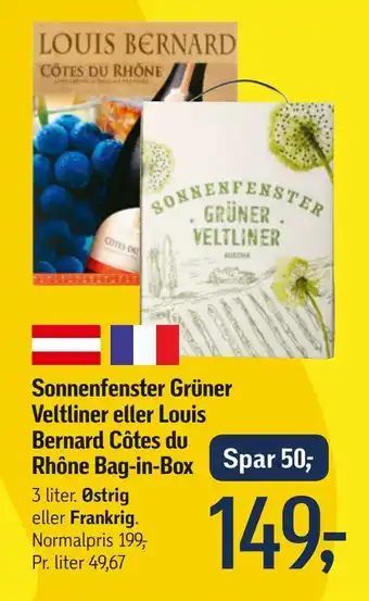 Føtex Sonnenfenster Grüner Veltliner eller Louis Bernard Côtes du Rhône Bag-in-Box tilbud