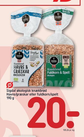 REMA 1000 Sigdal økologisk knækbrød Havre/græskar eller fuldkorn/spelt tilbud
