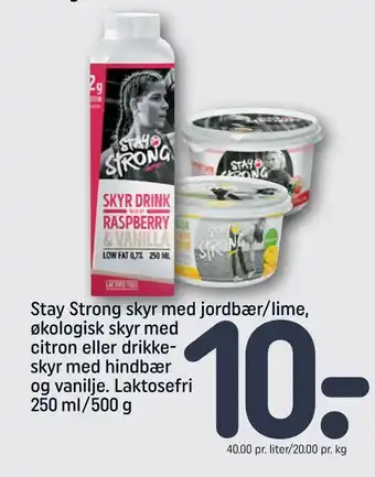 Stay Strong skyr med jordbær/lime, økologisk skyr med citron eller drikke skyr med hindbær og vanilje. Laktosefri 250 ml/500 