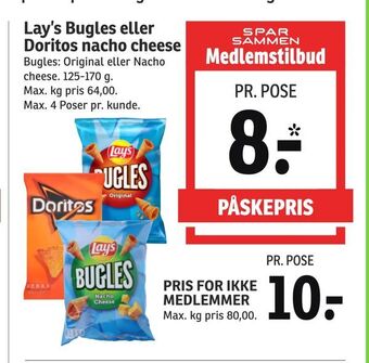 SPAR Lay's Bugles eller Doritos nacho cheese tilbud