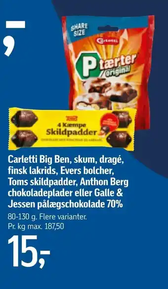 Føtex Carletti Big Ben, skum, dragé, finsk lakrids, Evers bolcher, Toms skildpadder, Anthon Berg chokoladeplader eller Galle & Jess tilbud