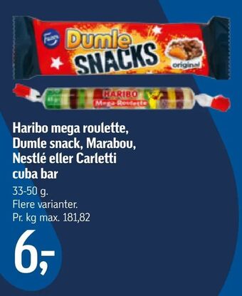Føtex Haribo mega roulette, Dumle snack, Marabou, Nestlé eller Carletti cuba bar tilbud