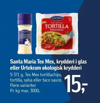 Føtex Santa Maria Tex Mex, krydderi i glas eller Urtekram økologisk krydderi tilbud