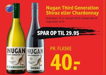 SPAR Nugan Third Generation Shiraz eller Chardonnay tilbud