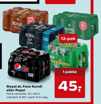 Kvickly Royal øl, Faxe Kondi eller Pepsi tilbud