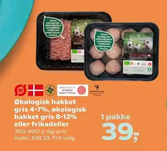SuperBrugsen Økologisk hakket gris 4-7%, økologisk hakket gris 8-12% eller frikadeller tilbud