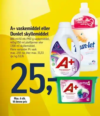 Føtex A+ vaskemiddel eller Dunlet skyllemiddel tilbud