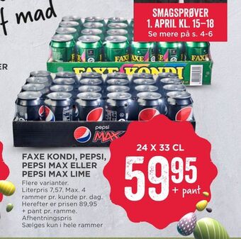 MENY Faxe kondi, pepsi, pepsi max eller pepsi max lime tilbud