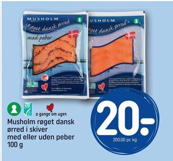 REMA 1000 Musholm røget dansk ørred i skiver med eller uden peber tilbud