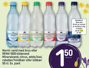 REMA 1000 Nornir vand med brus eller REMA 1000 kildevand Mineralvand, citrus, æble/kiwi, rababer/hindbær eller blåbær tilbud