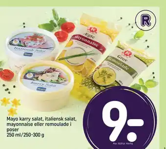 REMA 1000 Mayo karry salat, italiensk salat, mayonnaise eller remoulade i poser tilbud