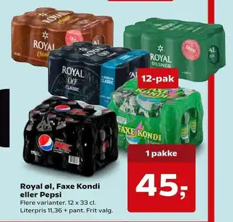 Kvickly Royal øl, Faxe Kondi eller Pepsi tilbud