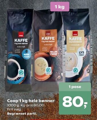 Kvickly Coop 1 kg hele bønner tilbud