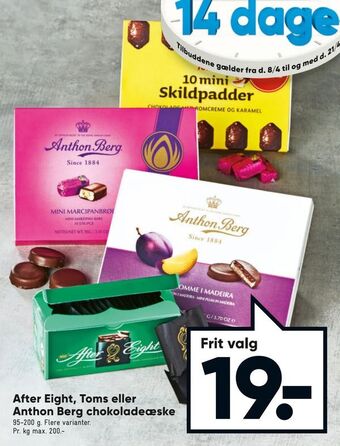 Bilka After Eight, Toms eller Anthon Berg chokoladeæske tilbud