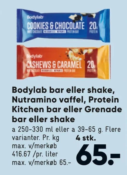 Bodylab bar eller shake, Nutramino vaffel, Protein Kitchen bar eller