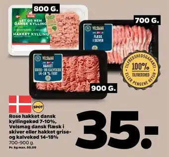 Netto Rose hakket dansk kyllingekød 7-10%, Velsmag dansk flæsk i skiver eller hakket grise og kalvekød 14-18% tilbud