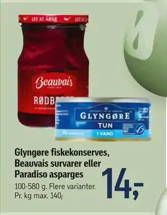 Føtex Glyngøre fiskekonserves, Beauvais survarer eller Paradiso asparges tilbud
