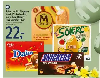 Føtex Solero exotic, Magnum 3-pak, Frisko isvafler, Mars, Twix, Bounty eller Snickers isbar tilbud