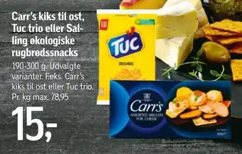 Føtex Carr's kiks til ost, Tuc trio eller Salling økologiske rugbrødssnacks tilbud