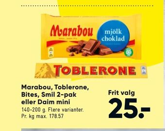 Bilka Marabou, Toblerone, Bites, Smil 2-pak eller Daim mini tilbud